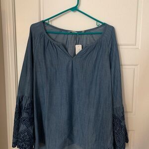 Soft Surroundings Denim Blue Blouse with Embroidered Sleeves